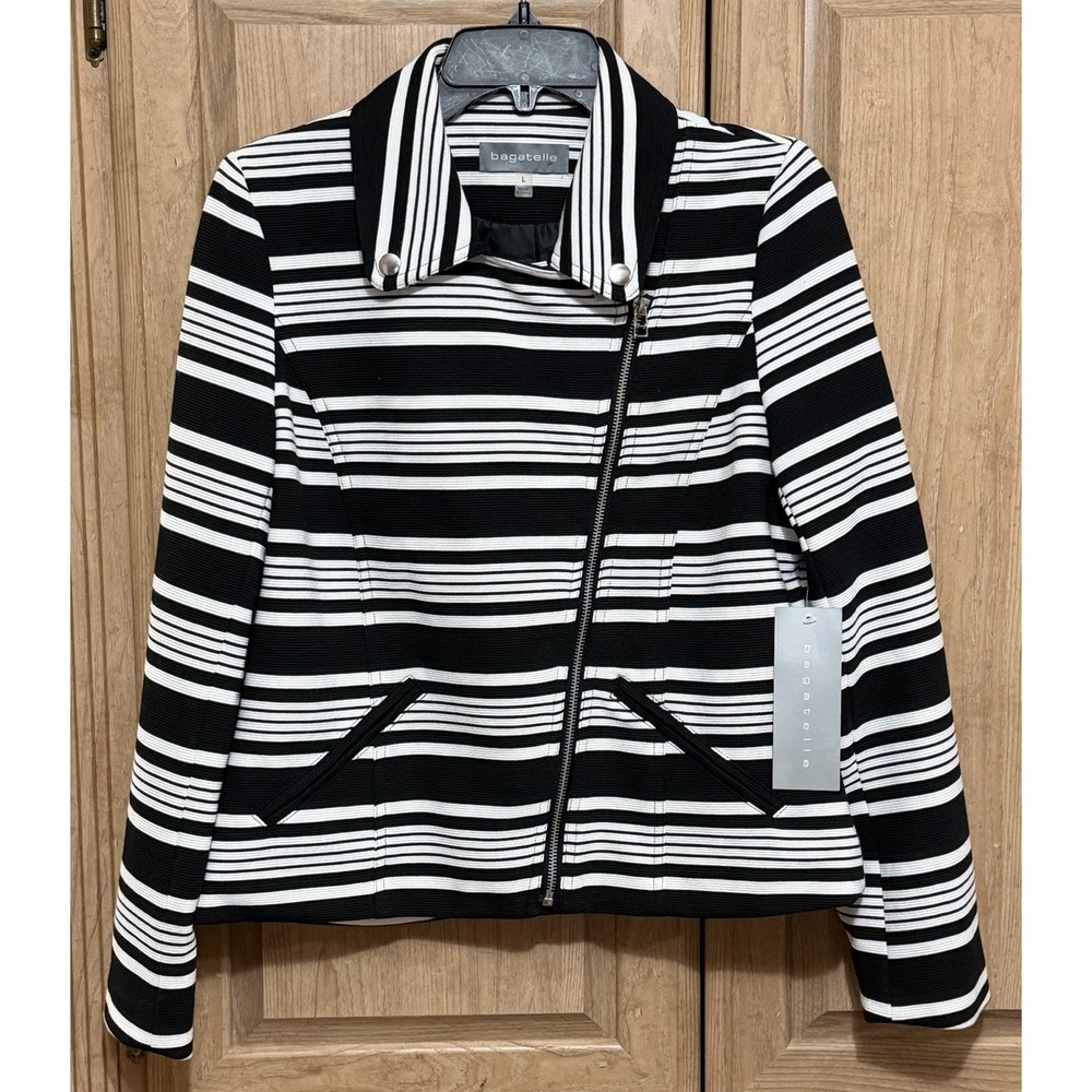Bagatelle Jacket Women's Large Black White Striped Moto Asymmetrical Zip Career